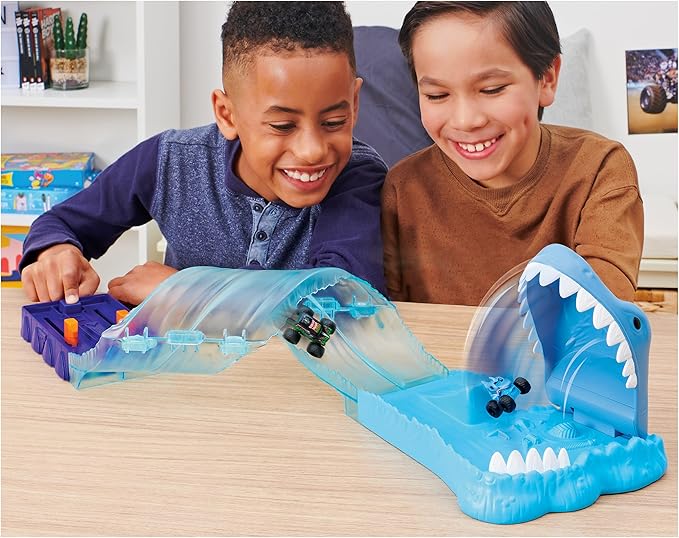 Monster Jam, Mini Megalodon Race and Chomp Playset with 2 Monster Jam Mini Trucks, 1:87 Scale, Kids Toys for Boys and Girls Ages 4-6+