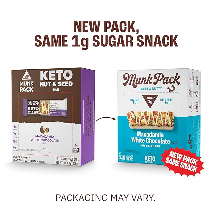 Munk Pack Nut & Seed Snack Bar - 6g Protein, 1g Sugar, 3g Net Carbs, Low Sugar, Keto, and Gluten Free Snack for Adults and Kids, Macadamia White Chocolate – 4.92 oz, 12 Pack