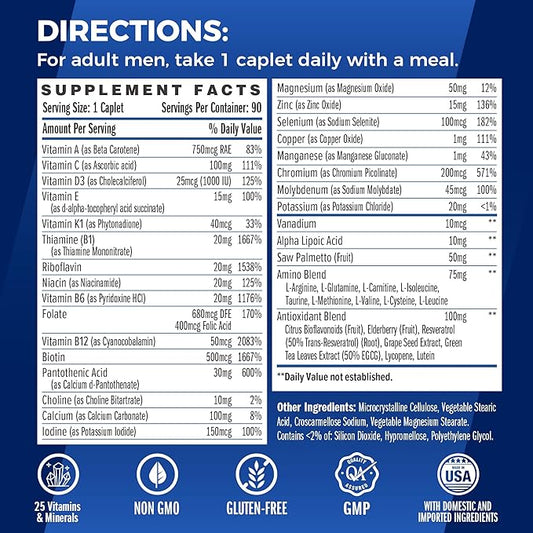 Vitamin World Ultra 360 Multivitamin for Men One Daily, Men's Multivitamin with Minerals, Herbs & Antioxidants, Daily Supplement with Vitamin A, C, D, E & Zinc for Energy & Immune Support, 90 Caplets
