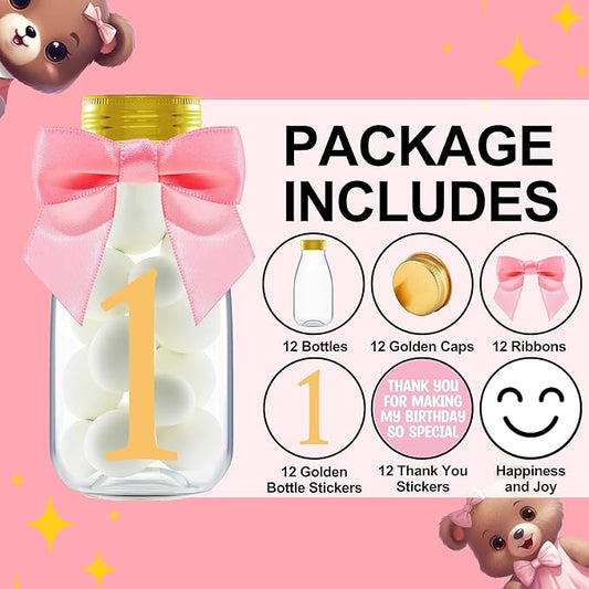Small 12 Pack 1st Birthday Party Favors for Girls - DIY Candy Jars with Ribbons and Stickers - Baby Girl Party Decoration Bottles for First Birthday Bash - One Year Old Table Centerpieces