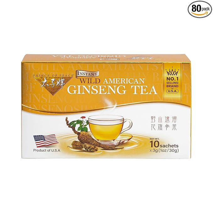 Prince of Peace Instant Wild American Ginseng Tea, 80 Sachets – Healthy Drink, Caffeine-Free Energy-Boosting, Heavy Antioxidants, Plant Extract
