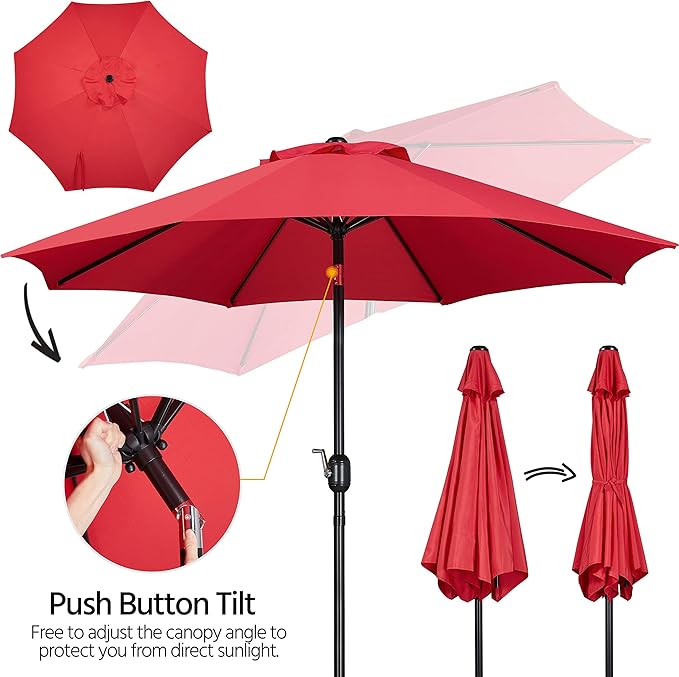 Yaheetech 9FT Outdoor Patio Umbrella Market Table Umbrella Yard Umbrella with Push Button Tilt Crank, 8 Ribs for Garden/Lawn/Deck/Backyard/Beach/Pool, Red