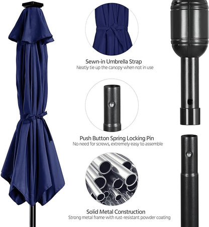 Yaheetech 9FT Solar Powered Patio Umbrella - UV Protection Market Table Umbrella w/ 32 LED Lights & Push Button Tilt & Crank Lift System for Garden/Lawn/Deck/Backyard/Pool, Navy Blue