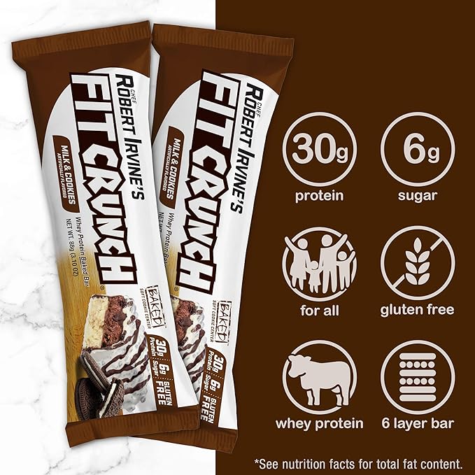 FITCRUNCH Full Size Protein Bars, 6-Layer Baked Bar, 8g of Sugar, Gluten Free & Soft Cake Core (12 Bars, Milk and Cookies)