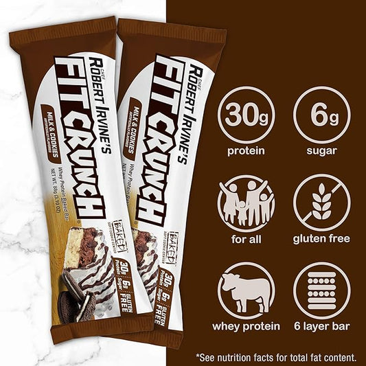 FITCRUNCH Full Size Protein Bars, 6-Layer Baked Bar, 8g of Sugar, Gluten Free & Soft Cake Core (12 Bars, Milk and Cookies)