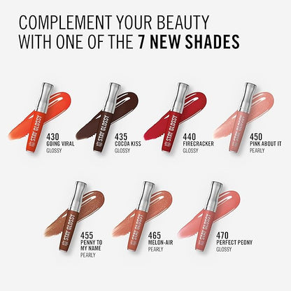 Rimmel London Stay Glossy, 440 Firecracker, Lip Gloss, Non-Sticky, Color and Shine, Up To 6-Hour Wear, Precise Applicator, 0.18oz