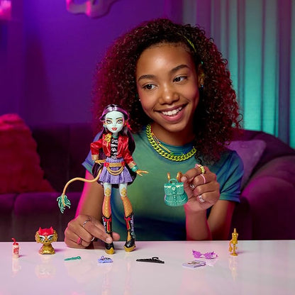 Monster High Jinafire Long Doll, Dragon with Pet Dog Cloudy “Yun Yun” and 7 Accessories Like Sketch Pad, Yogurt Drink, Backpack and More