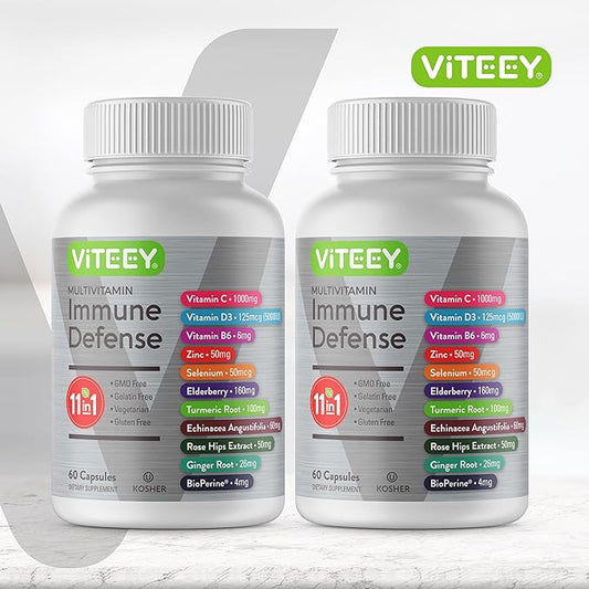 11 in 1 Multivitamin Immune Defense Supplement - Immune Booster Capsules with Vitamin D3, Vitamin B6, Echinacea, Turmeric, Rose-HIPS, Selenium, BioPerine, Ginger, Elderberry Vitamin C and Zinc