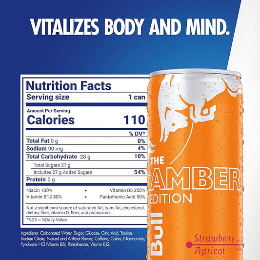 Red Bull Amber Edition Energy Drink, Strawberry Apricot, with 80mg Caffeine plus Taurine & B Vitamins, 8.4 Fl Oz, Pack of 24 Cans