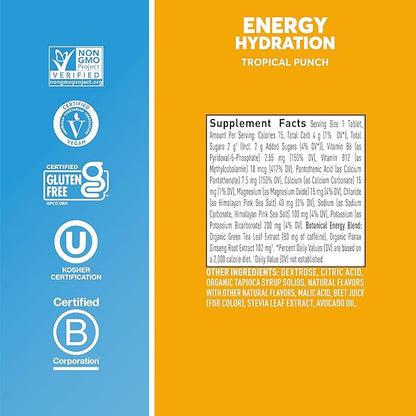 Nuun Energy Electrolyte Tablets with Ginseng, Caffeine from Green Tea Extract, Vitamin B12, B6, B5, Magnesium & 4 Other Electrolytes, Gluten Free & Vegan, Tropical Punch, 8 Pack (80 Servings Total)