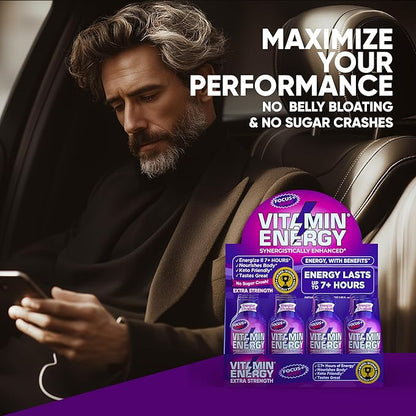 Vitamin Energy Focus+ Extra Strength Daily Energy Shot – Berry – 260mg Natural Caffeine, 100% DV B-Vitamins – Focus & Productivity Support – Zero Sugar, Vegan, Kosher – 1.93 fl oz, 24-Pack