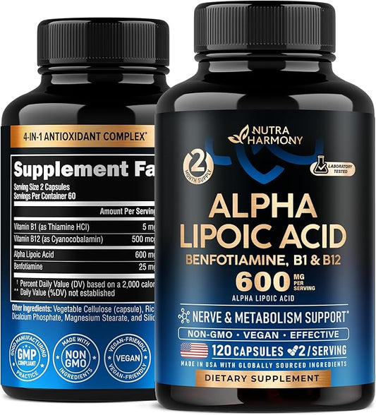 Alpha Lipoic Acid 600mg - ALA Supplement Antioxidant for Nerve, Energy & Metabolism Support - Extra Strength w/Benfotiamine, B1 & B12 - Lab Tested, NON-GMO & Vegan - 120 Capsules, 2 Month