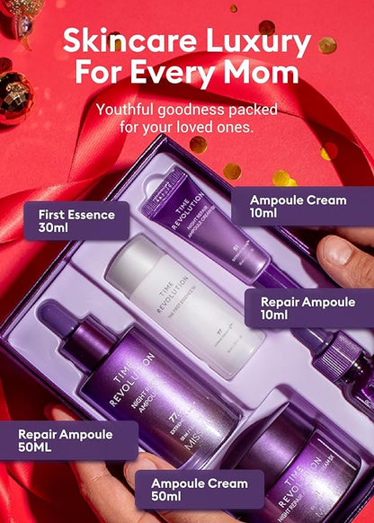 MISSHA Time Revolution Night Repair 5X Gift Set Night Repair Ampoule and Cream 5X, The First Essence 5X for Youthful, Glass Skin, Korean Skin Care
