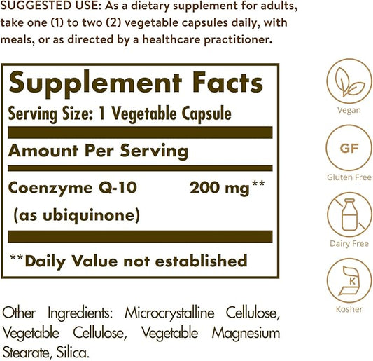 Solgar Vegetarian CoQ-10 200 mg, 30 Vegetable Capsules - Heart Healthy, Protective Antioxidant - Coenzyme Q10 (CoQ-10) Supplement - Vegan, Gluten Free, Dairy Free, Kosher - 30 Servings