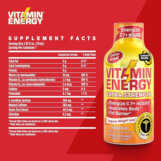 Vitamin Energy Immune+ Extra Strength Energy Shot – Orange Burst – 100% DV B-Vitamins & 260mg Caffeine – Zero Calories, Sugar-Free, Vegan, – Immunity & Energy Support – 1.93 fl oz, 4-Pack