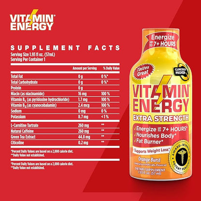 Vitamin Energy Immune+ Extra Strength Energy Shot – Orange Burst – 100% DV B-Vitamins & 260mg Caffeine – Zero Calories, Sugar-Free, Vegan, – Immunity & Energy Support – 1.93 fl oz, 4-Pack