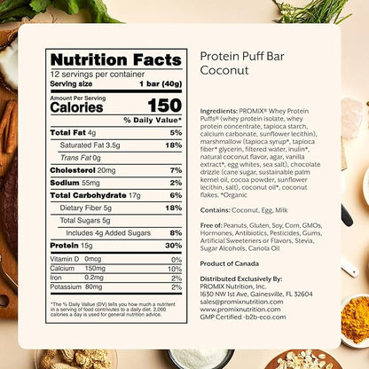 ProMix Nutrition Protein Puff Bars - Coconut - Marshmallow Crispy Treat - Great Tasting & Healthy On The Go Snack - High Protein & Low Calorie - Free From Gluten, Soy, & Corn - 12 Bars