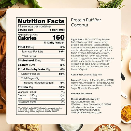 ProMix Nutrition Protein Puff Bars - Coconut - Marshmallow Crispy Treat - Great Tasting & Healthy On The Go Snack - High Protein & Low Calorie - Free From Gluten, Soy, & Corn - 12 Bars