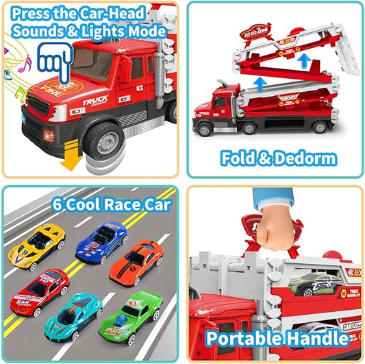 Carrier Truck Race Track Kids Toys, 4.6-FT Foldable Hauler Track Ejection Car Police Trucks Toy and 6 Racing Car with Light&Sounds, Truck Toy Child Xmas Gifts for 3+ Year Old Boys Girls-Red