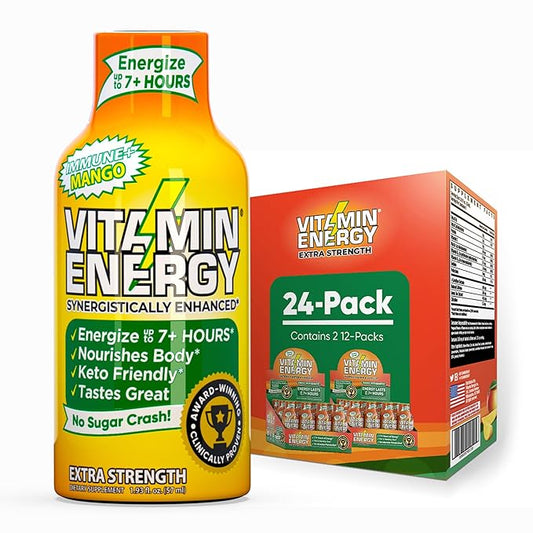 Vitamin Energy Immune+ Extra Strength Daily Energy Shot – Mango – 260mg Natural Caffeine, B-Vitamins, Green Tea, Citicoline – Immune & Focus Support – Zero Sugar, Vegan – 1.93 fl oz, 24-Pack