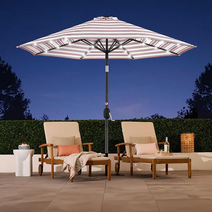 Best Choice Products 10ft Solar Polyester LED Lighted Patio Umbrella w/Tilt Adjustment and UV-Resistant Fabric - Striped Burgundy