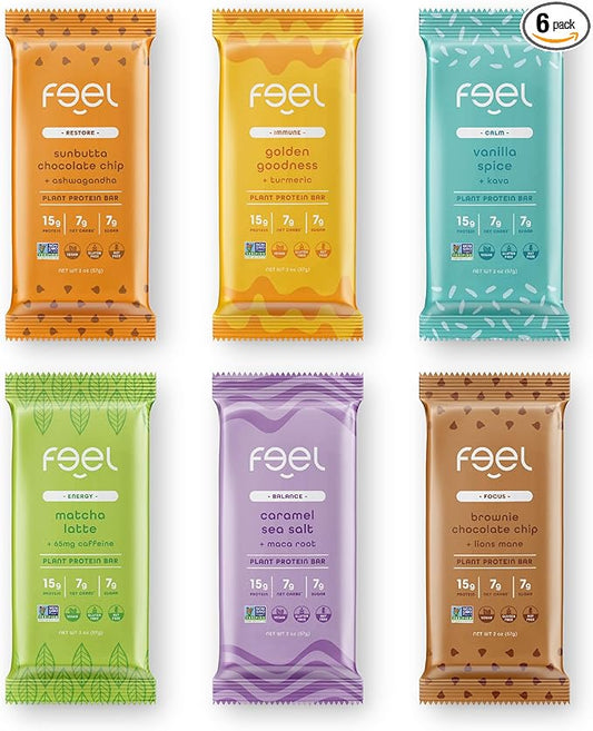 Feel Vegan Protein Bars | Keto | Gluten Free | Organic | 15g Protein | Dairy Free | Low Sugar | Grain Free | Nut Free | Soy Free | Variety Pack - 6 Flavors, 6 Count