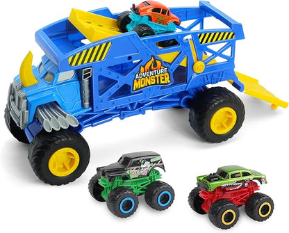 Monster Trucks Hauler Rhino with 3 Mini Trucks & Super Ramp Launch, Gift for Kids Ages 3+ Years
