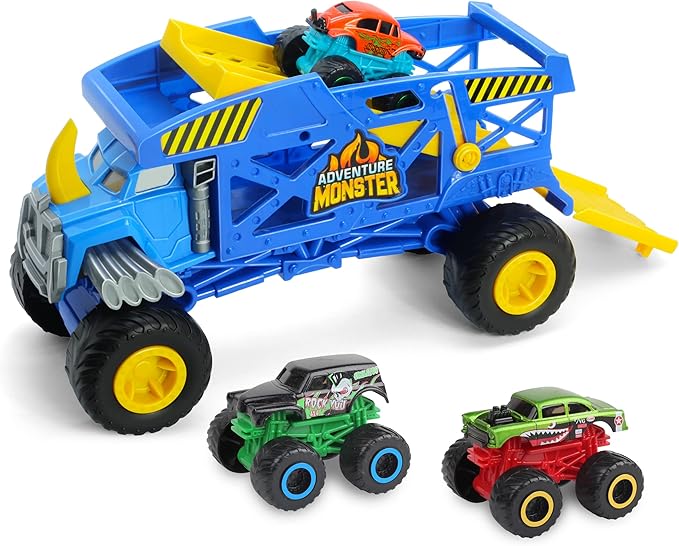 Monster Trucks Hauler Rhino with 3 Mini Trucks & Super Ramp Launch, Gift for Kids Ages 3+ Years