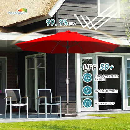 PatioKingdom 9FT Patio Outdoor Umbrella-UPF 50+ Sun Shade with Wind Vent, Push-Button Tilt & Smooth Crank Lift, Rust-Resistant Fiberglass Frame for Garden, Backyard,Yard