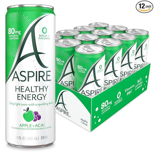 ASPIRE® Apple Acai, Healthy Energy Drink with Low Caffeine, No Sugar, Carbs, and Keto Friendly, 12 Pack