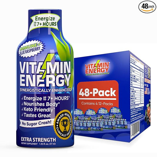 Vitamin Energy Immune+ Extra Strength Daily Energy Shot – Blue Raspberry – 260mg Natural Caffeine, B-Vitamins, Green Tea, Citicoline – Immune & Focus Support – Zero Sugar, Vegan – 1.93 fl oz, 48-Pack