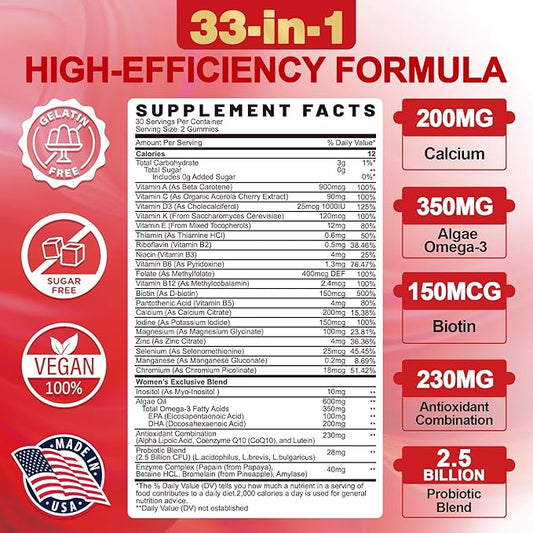Sugar-Free Womens Multivitamin Gummies, Methylated Multivitamin for Women/w Omega-3, Calcium, Enzymes & Probiotic, Vitamin A, C, D3, Folate, Biotin, Inositol - Skin, Hair Growth, Immune, Bone - Vegan