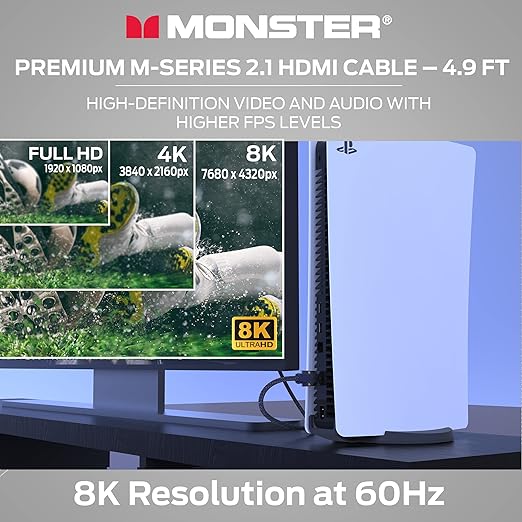 Monster M-Series 3000 Certified Premium 8K High Speed - 2.1, 4K 120Hz , 48 Gbps- HDMI Cables for Apple TV, Roku, Smart TV, Laptop, Montior - 4.9 ft