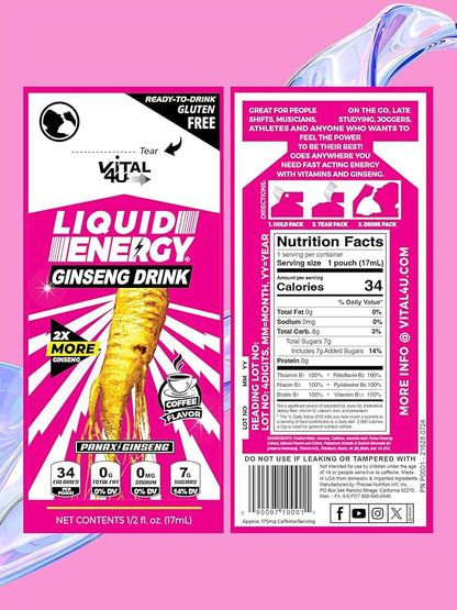 Vital 4U® Liquid Energy Shot - Ginseng, B Vitamins, Naturally Sweetened, Coffee Flavor, 24 ct