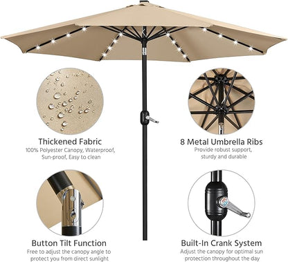 Yaheetech 11FT Solar Umbrella Lighted Patio Umbrella w/Tilt & Crank Lift System, Outdoor Market Sunshade with 32 LED Lights for Pool, Porch, Garden, Deck, Backyard, Tan