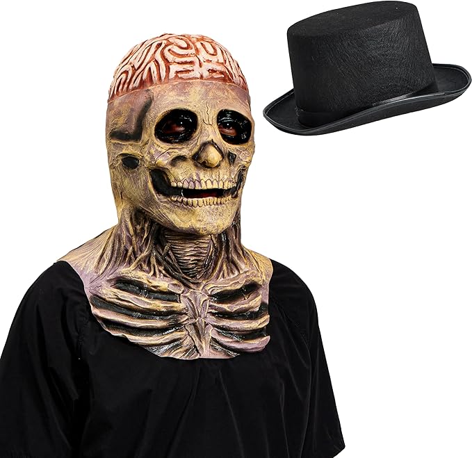 Spooktacular Creations 2PCS Halloween Skull Mask with Black Top Hat, Scary Full Head Skeleton, Creepy Realistic Biochemical Latex Mask for Men Women Kids Halloween Cosplay Costume Accessory