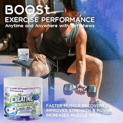 Creatine Monohydrate Chews Complex 6400mg for Men & Women -Advanced Formula W/L-Taurine + Vitamin B12, Sugar Free Chewable Supplement,60 Blueberry Softchews