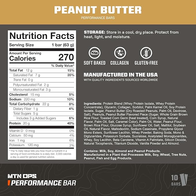 MTN OPS Peanut Butter Bliss Protein Bars, High Protein with Whey Isolate & Whey Concentrate and Collagen, Low Sugar, Gluten Free, 10 Count