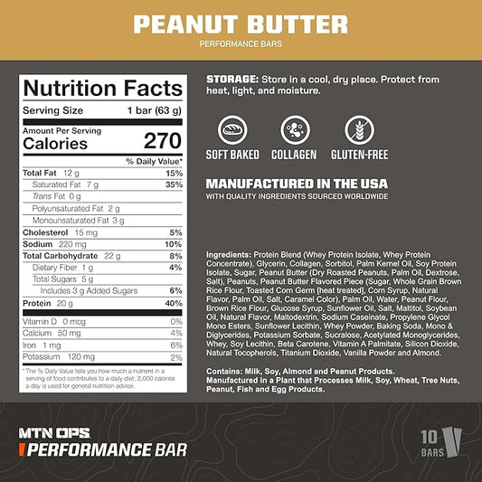 MTN OPS Peanut Butter Bliss Protein Bars, High Protein with Whey Isolate & Whey Concentrate and Collagen, Low Sugar, Gluten Free, 10 Count