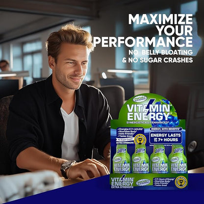Vitamin Energy Focus+ Extra Strength Daily Energy Shot – Blue Raspberry – 260mg Natural Caffeine, 100% DV B-Vitamins – Focus & Productivity Support – Zero Sugar, Vegan, Kosher – 1.93 fl oz, 12-Pack