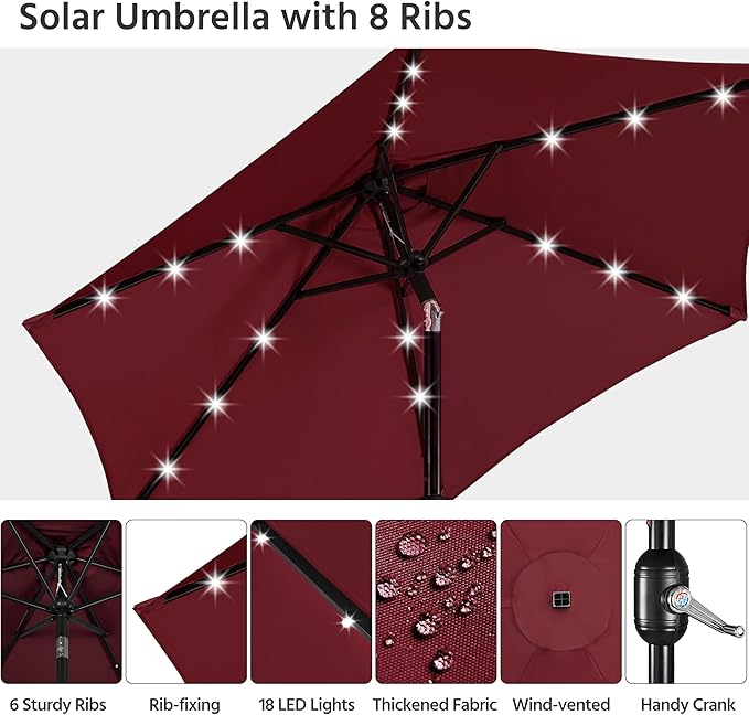 Yaheetech 7.5 ft Solar Patio Umbrella Outdoor Market Table Umbrella w/Push Button Tilt & Crank and UV Protection for Garden, Deck, Backyard, Pool and Beach, Burgungy