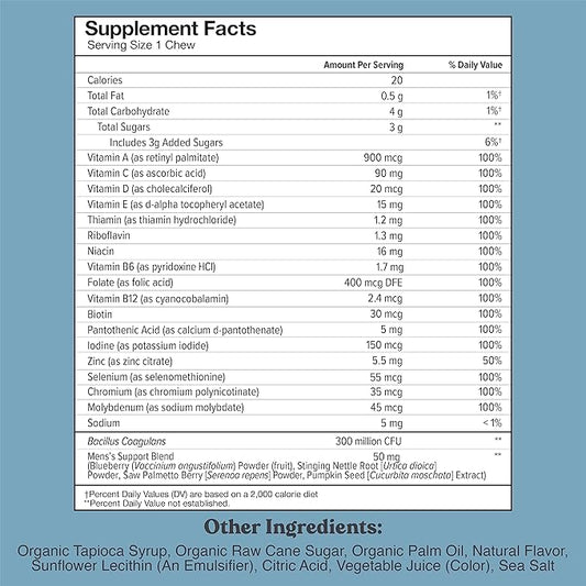 Chewsy Men's Multivitamin Chews, Immune & Energy Support, Vitamin A, B12, C, D3, E, Folic Acid, Probiotics, Saw Palmetto, Zinc, Adult Chewable Vitamin, Individually Wrapped Chews, 6-Day Supply (1)