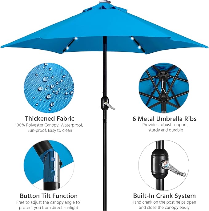 Yaheetech 7.5FT Solar Umbrella LED Lighted Patio Umbrella Waterproof & UV Protection, Market Sunshade w/Tilt and Crank for Backyard, Deck and Pool, Sky Blue