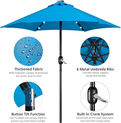 Yaheetech 7.5FT Solar Umbrella LED Lighted Patio Umbrella Waterproof & UV Protection, Market Sunshade w/Tilt and Crank for Backyard, Deck and Pool, Sky Blue