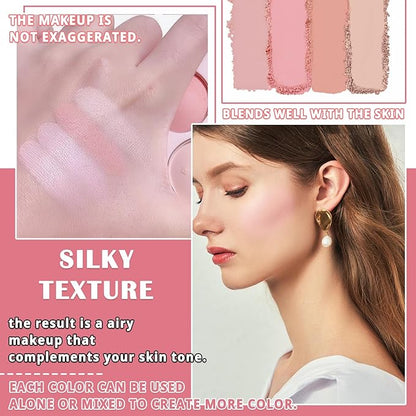 4 Colors Blush Palette for Cheeks,Face Matte Contour Blush Makeup Palette,Buildable Shimmer Facial Cheek Blusher Shades,Blendable Cosmetic Makeup Blush with Blush Brush 03