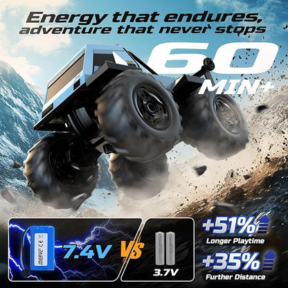 DEERC Amphibious Remote Control Car Monster Truck Toys Waterproof RC Stunt Cars for Boys 8-12 Toys W/Blocks & 360°Spin, 4WD All-Terrain Off-Road Pickup RC Truck 2.4Ghz 60+ Min Playtime Pool Toy Gift