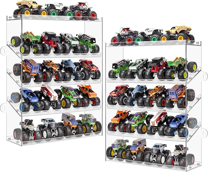 Assembly Monster Trucks Display Case Holding for 20 Monster Trucks Acrylic Storage Case 5 Tiers Monster Trucks Organizer with Tilted Design, Display Case for Toy Trucks (2-Pack Transparent)