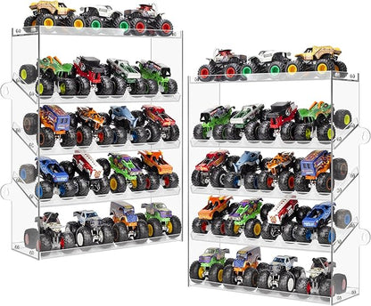 Assembly Monster Trucks Display Case Holding for 20 Monster Trucks Acrylic Storage Case 5 Tiers Monster Trucks Organizer with Tilted Design, Display Case for Toy Trucks (2-Pack Transparent)