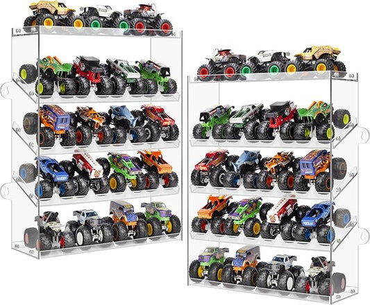 Assembly Monster Trucks Display Case Holding for 20 Monster Trucks Acrylic Storage Case 5 Tiers Monster Trucks Organizer with Tilted Design, Display Case for Toy Trucks (2-Pack Transparent)