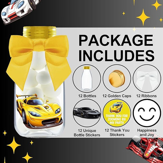 Small 12 Pack Race Car Party Favors - DIY Candy Jars with Ribbons and Stickers - Party Decoration Bottles for Birthday, School Classroom, and Baby Shower - Racecar Table Centerpiece for Kids